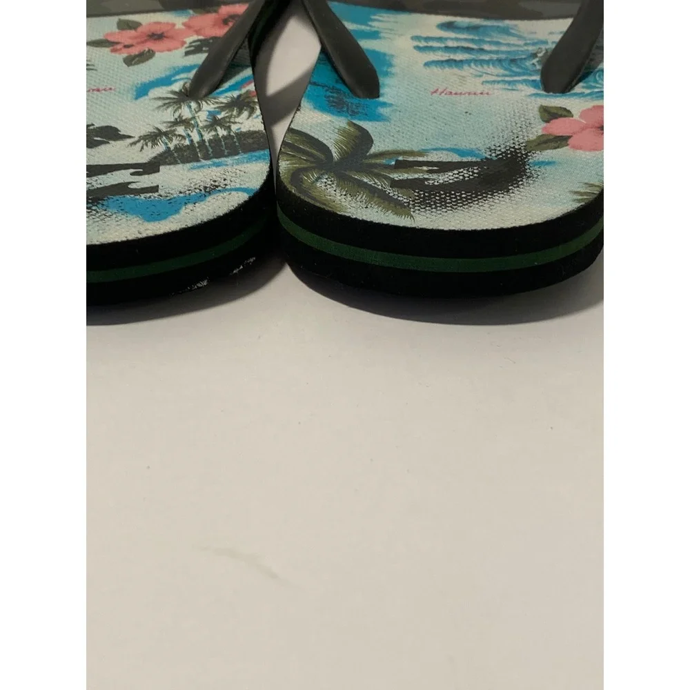 Billabong Mens Flip Flops Camo Tropical Floral Print Black Green Sandals APX:12*